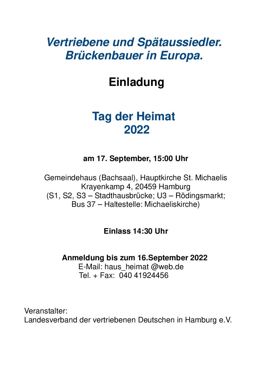 Einladung zum Tag der Heimat am 17.9.2022
